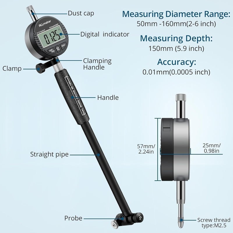 ALLmeter Store Digital Bore Gauge Kit 50-160mm (2-6") - 0.01mm Precision Internal Diameter Measuring Tool with 12 Interchangeable Probes & Extension Rods for Engine Cylinders, Hydraulic Systems & Deep Hole - Image 2